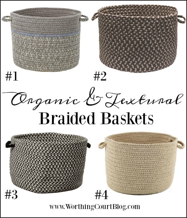 Organic and textural braided baskets available in multiple colors #baskets #roundbaskets #organic #texture #homedecorideas #modernfarmhouseideas #farmhousedecorideas #storageideas #organization 