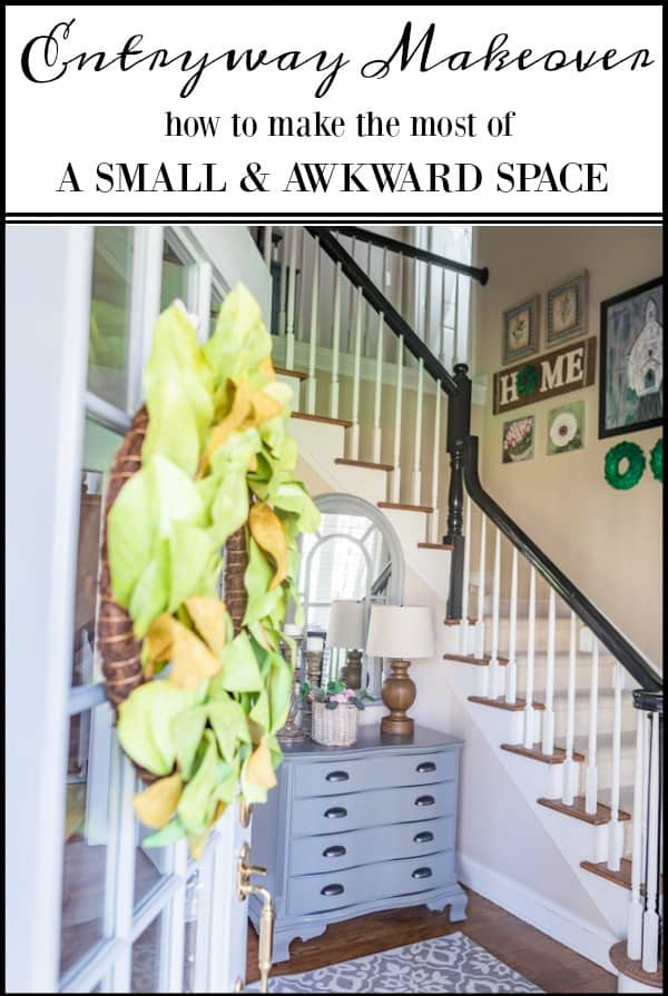 Small and awkward entryway makeover reveal #entrywayideas #entryideas #foyerideas #makeover #smallspace #beforeandafter #diy #howto 