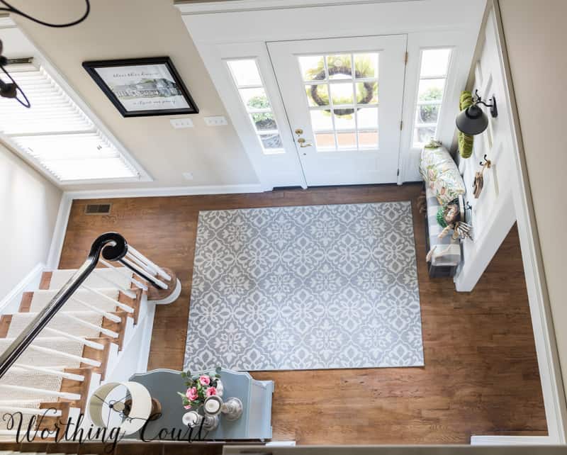 Entryway makeover reveal birds eye view #foyer #entryway #entrywayideas #foyerideas #makeover #beforeandafter