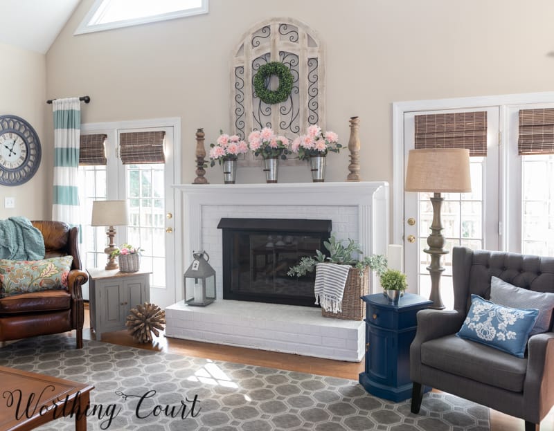 Fireplace and family room decorated for spring.