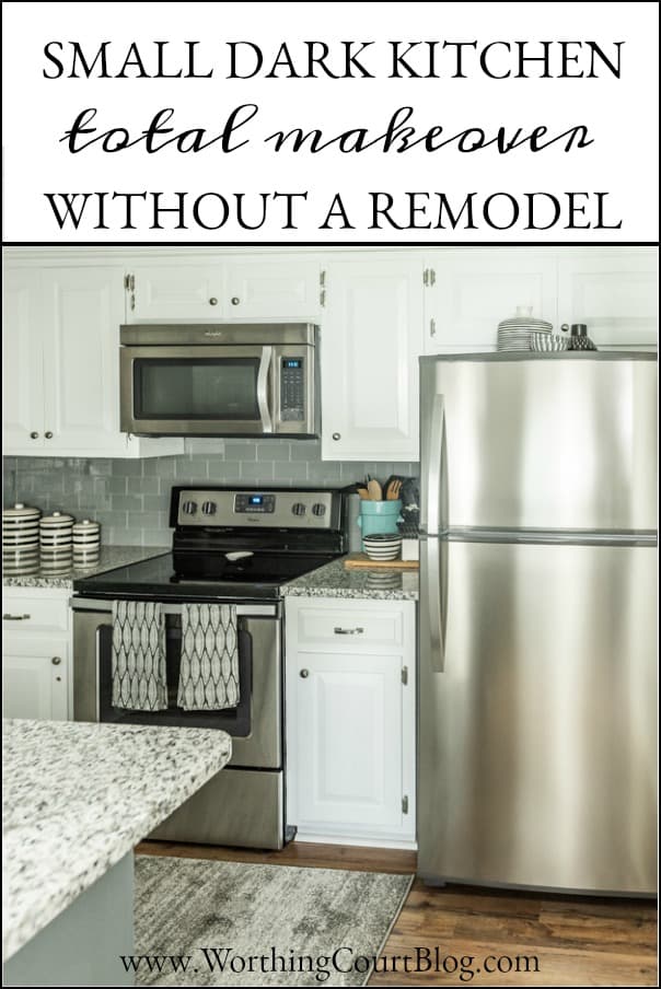 Small Dark Kitchen total Makeover Without A Remodel graphic.