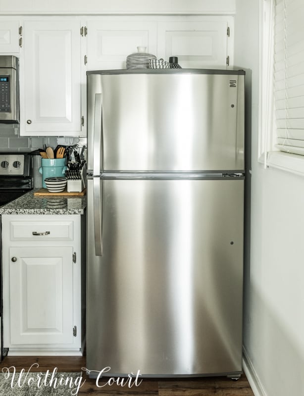 The stainless steel fridge in the kitchen.