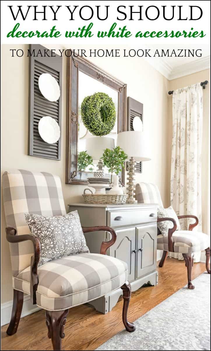 white accessories in a farmhouse style dining room