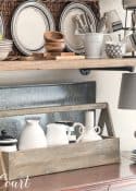 Black And White Accessories On Open Farmhouse Kitchen Shelves