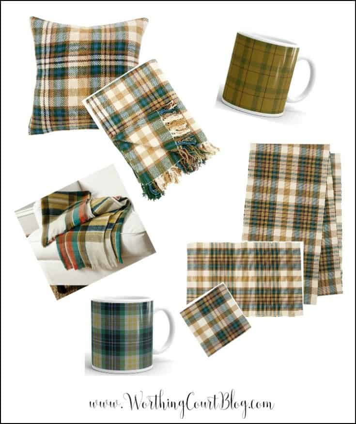 Green, blue and gold plaid home decor.