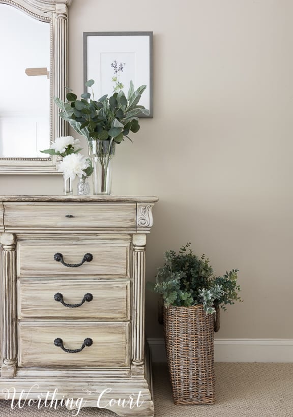 traditional bedroom dresser painted white with gray wash paint