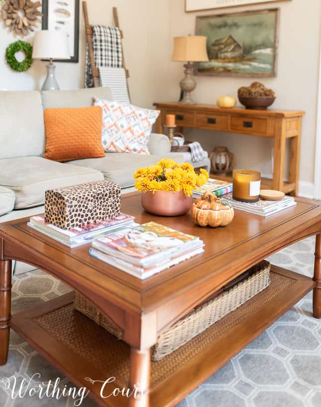 coffee table decorated for fall