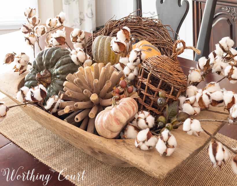 large dough bowl with fall decorations