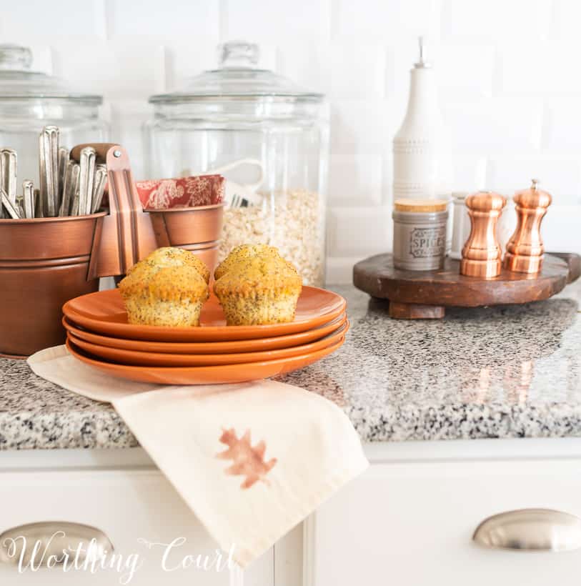 kitchen decorated for fall with copper accents