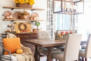 open shelves decorated with copper accents for fall