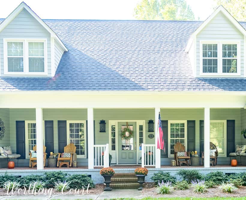 Front porch with fall decorations.