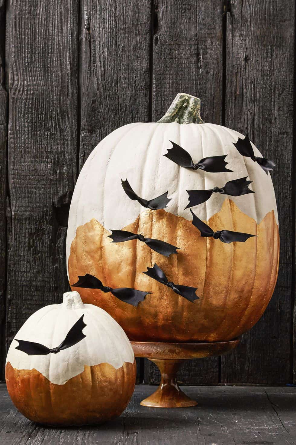 No-carve Halloween pumpkin using black ribbon to make small bats