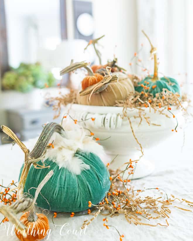 fall centerpiece with velvet pumpkins