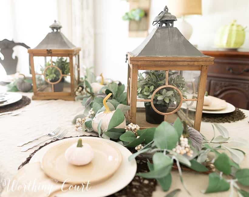 eucalyptus garland and velvet pumpkin fall centerpiece