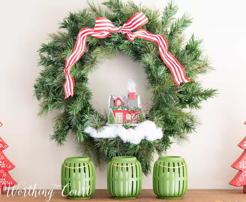 Christmas wreath decorations with a red and white bow.