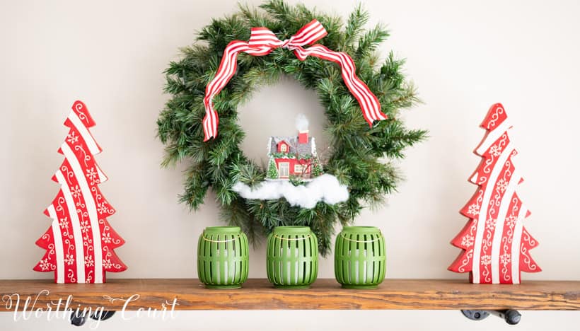 Christmas wreath decorated with red and white.