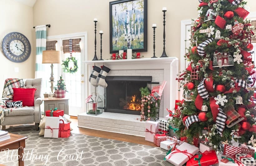 Family room decorated for Christmas.