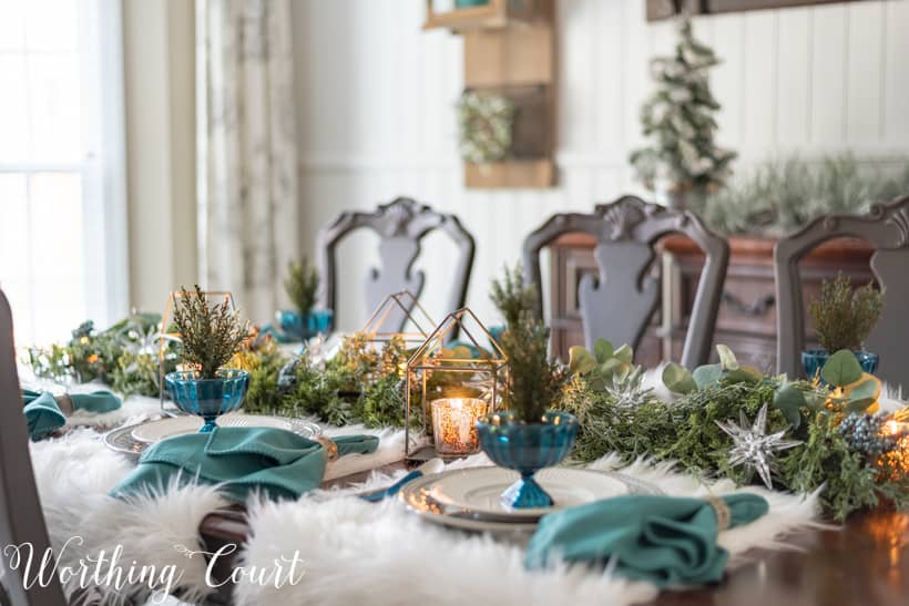 Christmas tablescape with faux fur placemats.