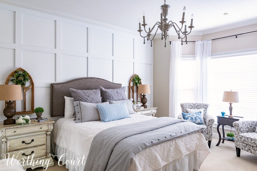 farmhouse gray and white bedroom