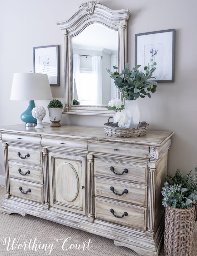 bedroom dresser painted white with gray glazing