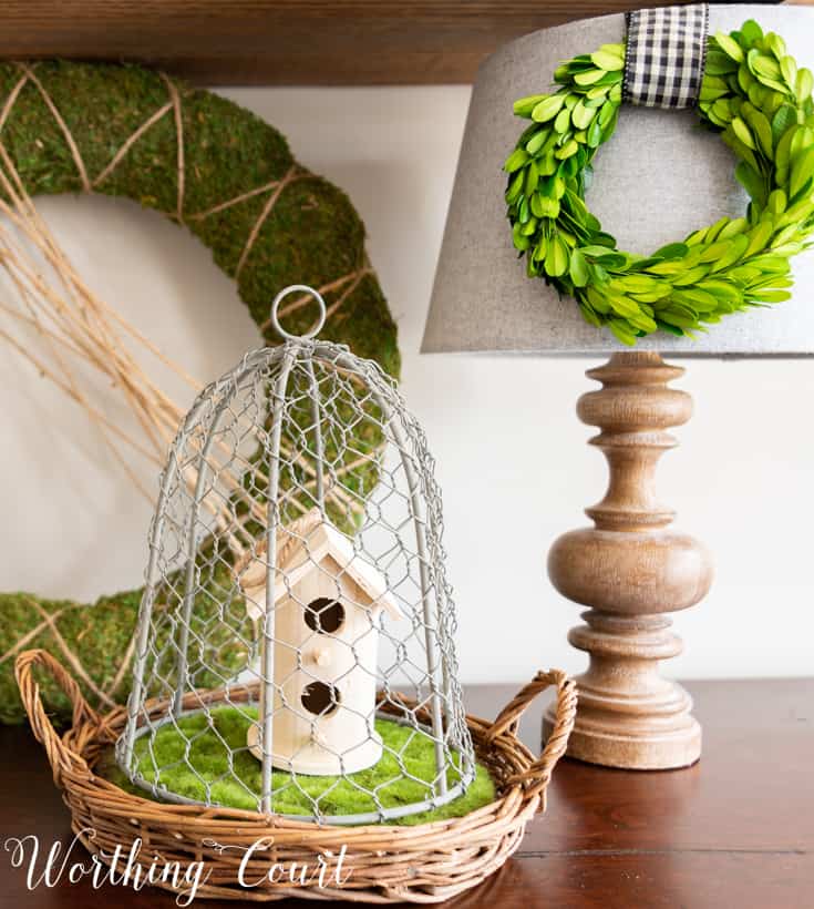 Wood birdhouse under a wire cloche.