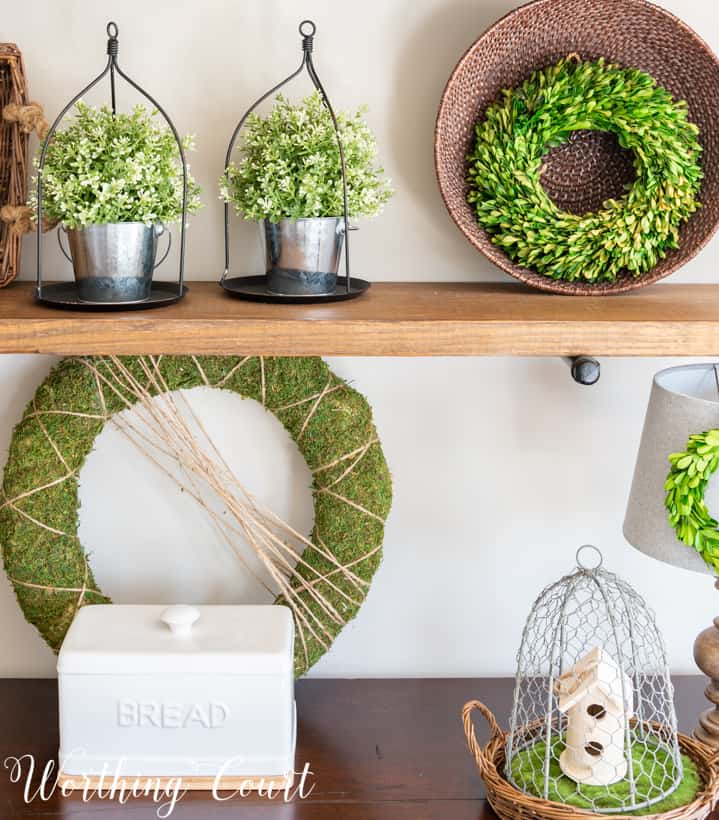 Shelves decorated for spring with organic elements