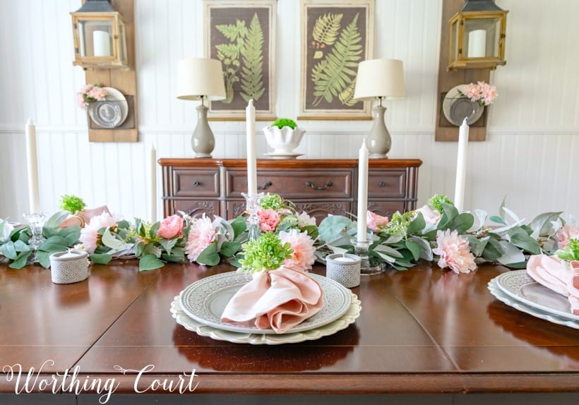 Dining room centerpiece made with eucalyptus