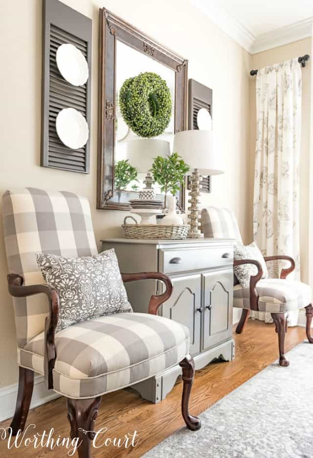 Martha Washington side chairs upholstered with gray and white buffalo check fabric