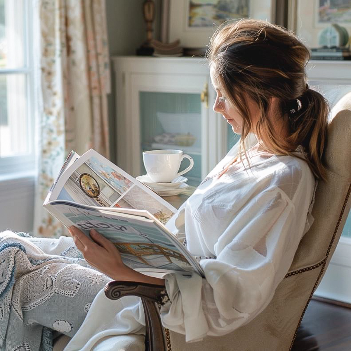 woman sitting in a chair in front of a window looking at a decorating book