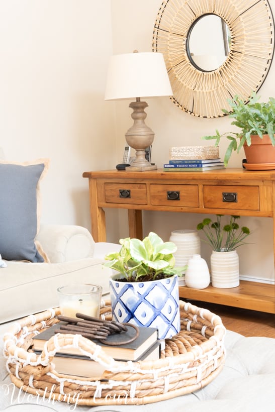 Pine sofa table beside the sofa in the sitting room.