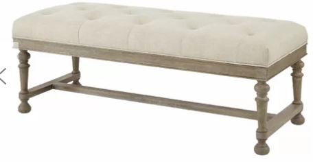 linen colored tufted bench with wood legs