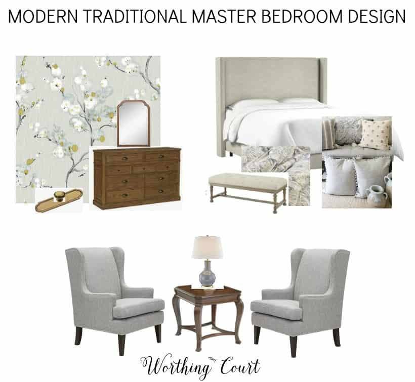 Master bedroom design board with armchairs, a bed and dresser.