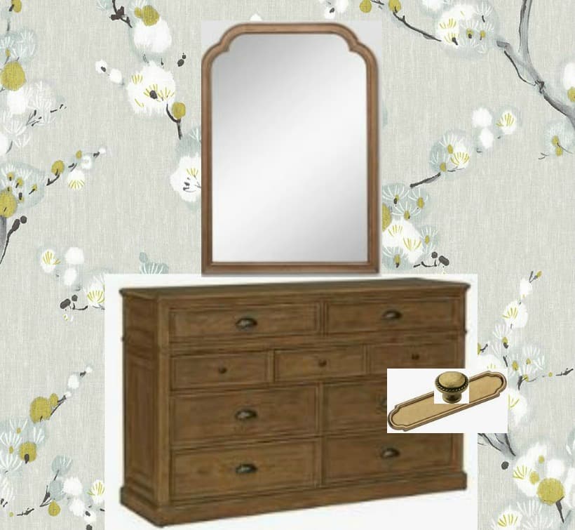 brown dresser and mirror with brass hardware