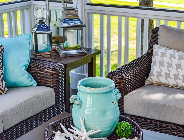 blue and silver coastal look accessories on outdoor tables