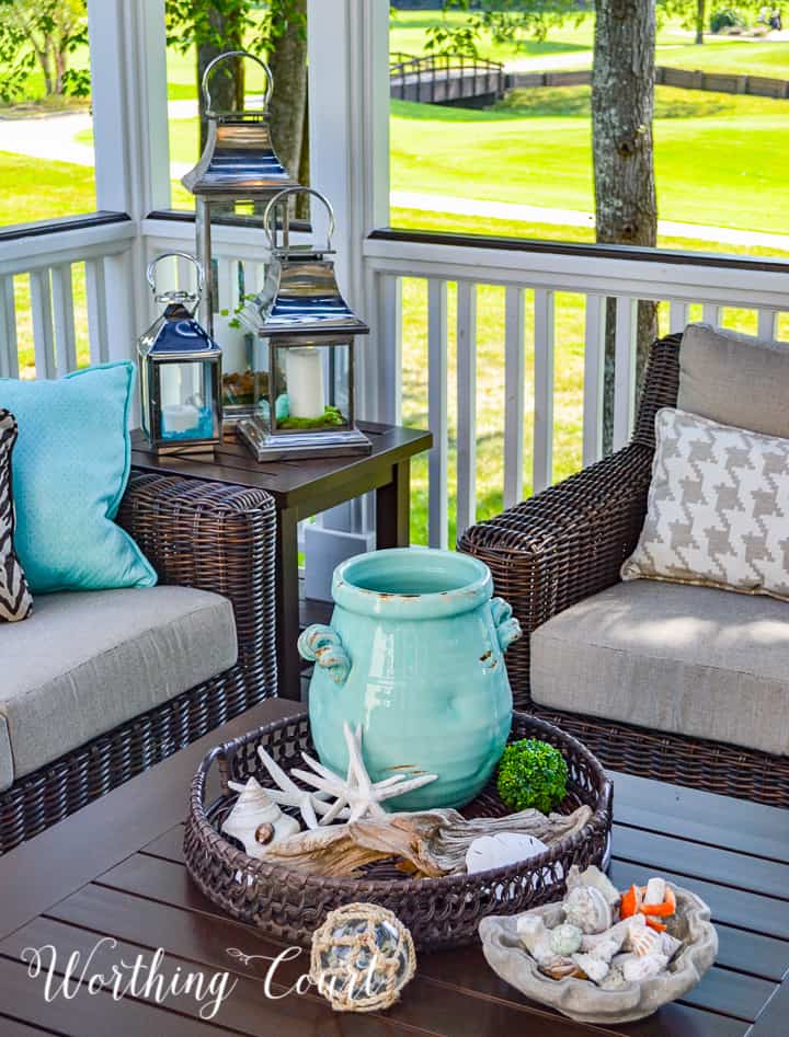 blue and silver coastal look accessories on outdoor tables