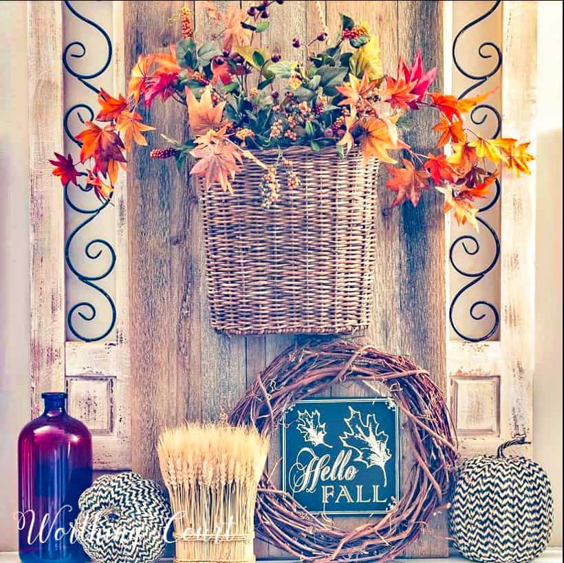 hanging basket filled with fall stems