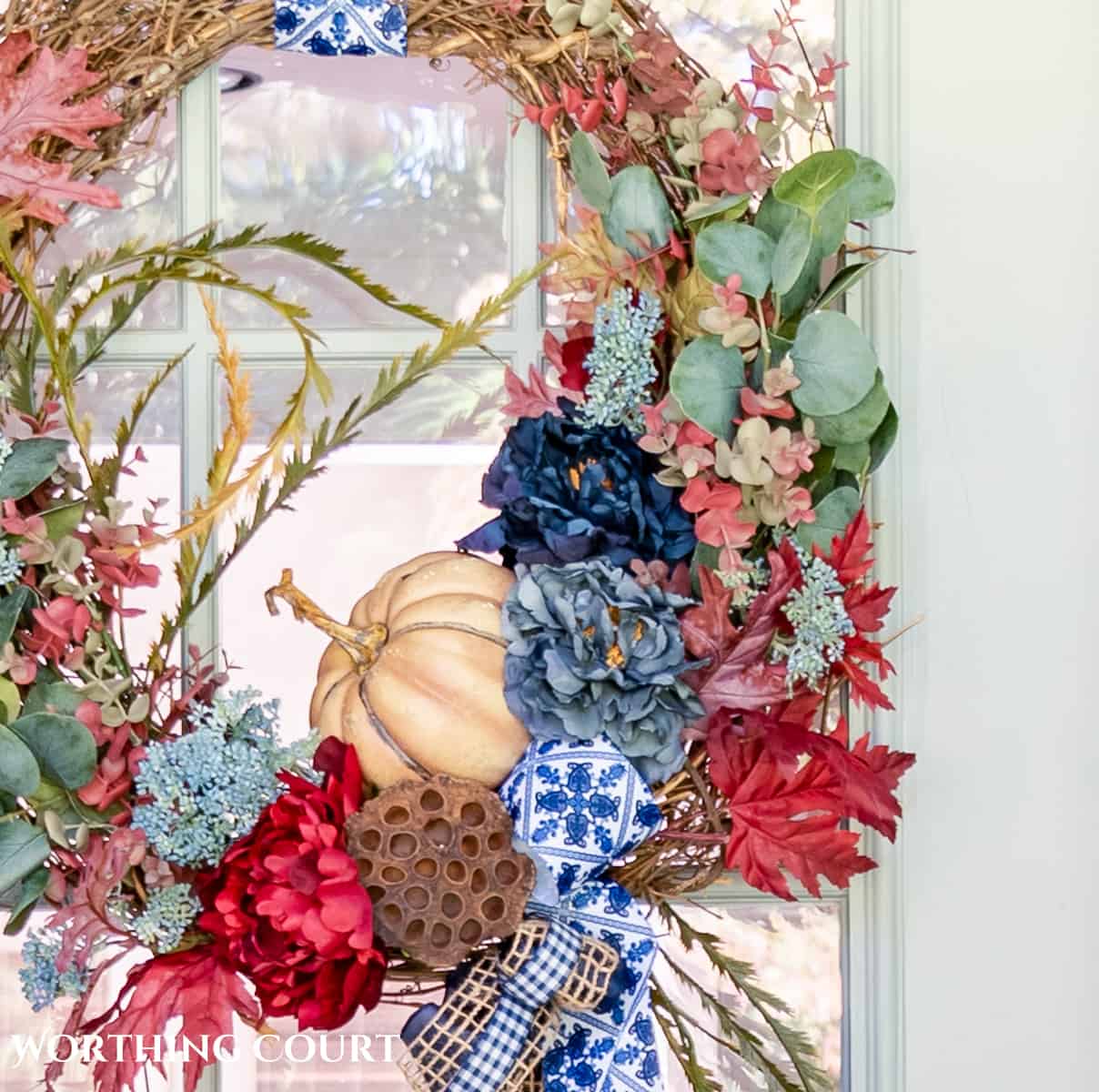 blue and burgundy chinoiserie fall grapevine wreath