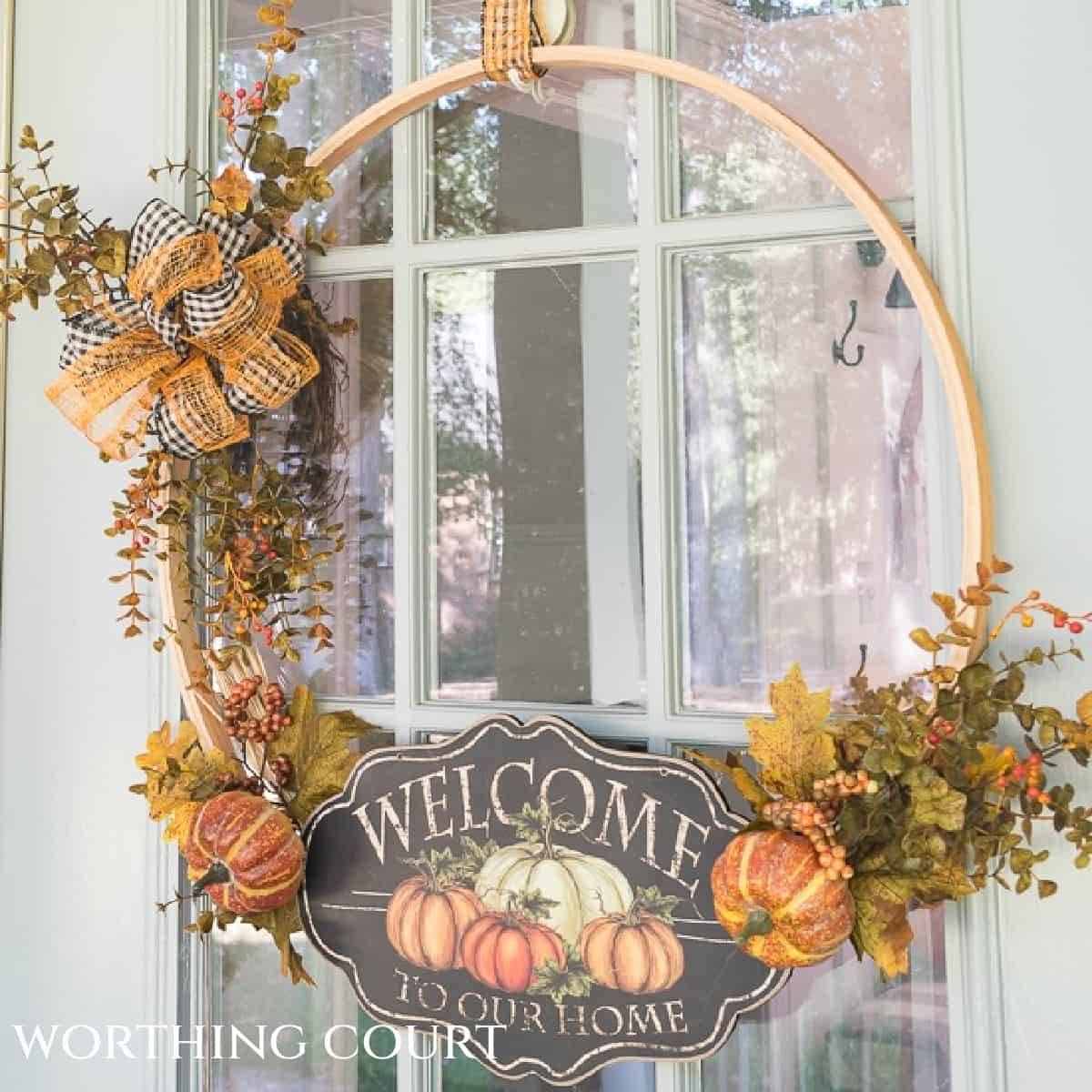 diy fall wreath made with a large embroidery hoop
