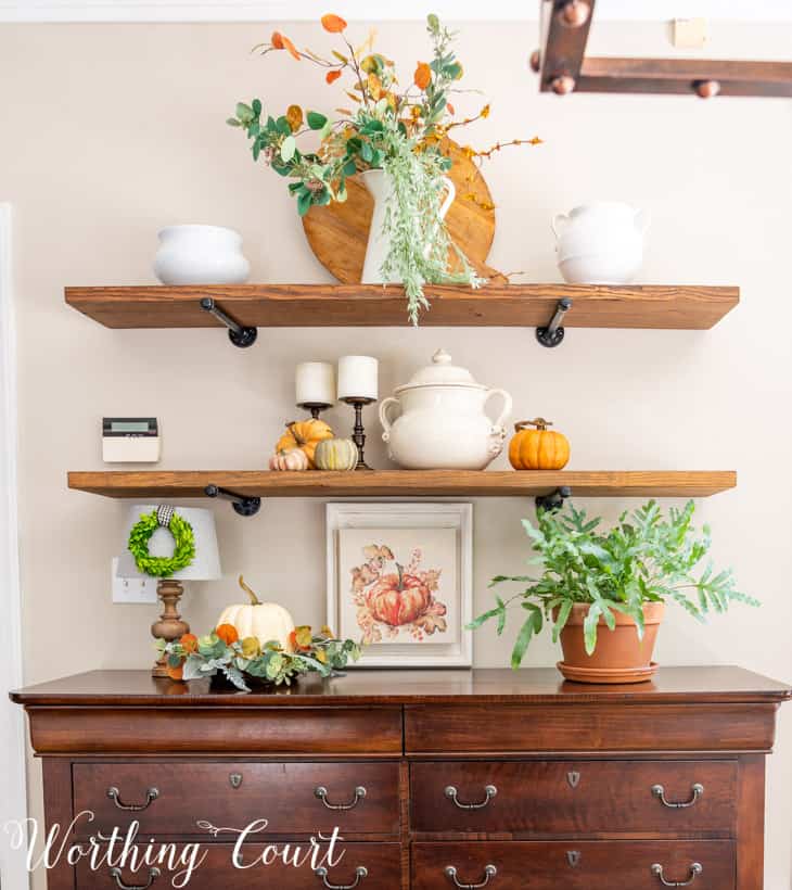 wall shelves with fall decorations