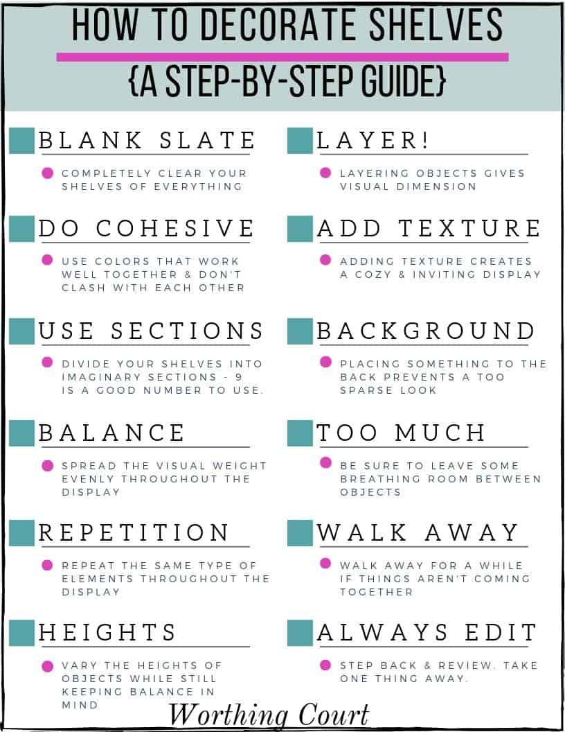 free printable checklist for how to decorate shelves