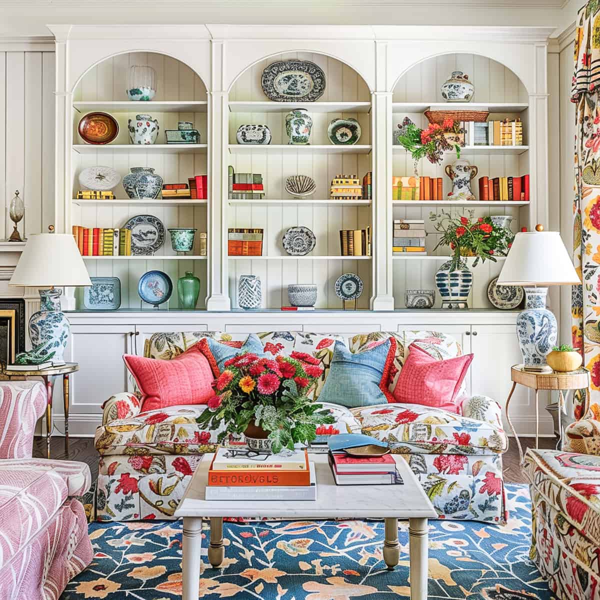 floral upholstered couch and a pair of lamps in front of built-in white shelves in a living room decorated with colorful, traditional living room type accessories