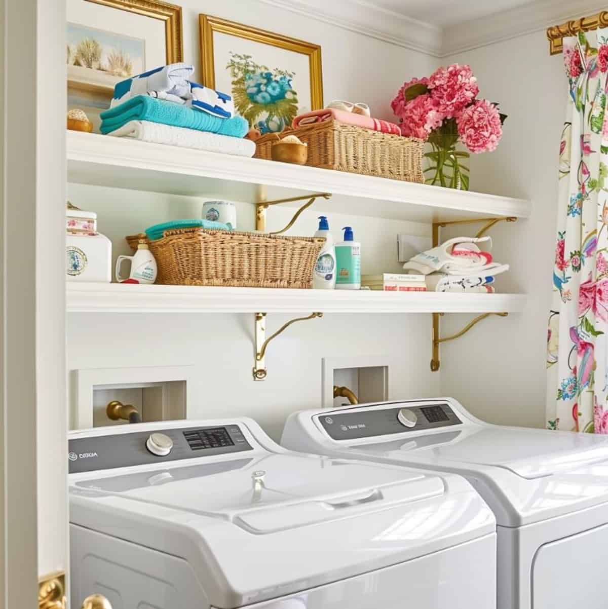 white shelves above a washer and dryer decorated with laundry room type accessories