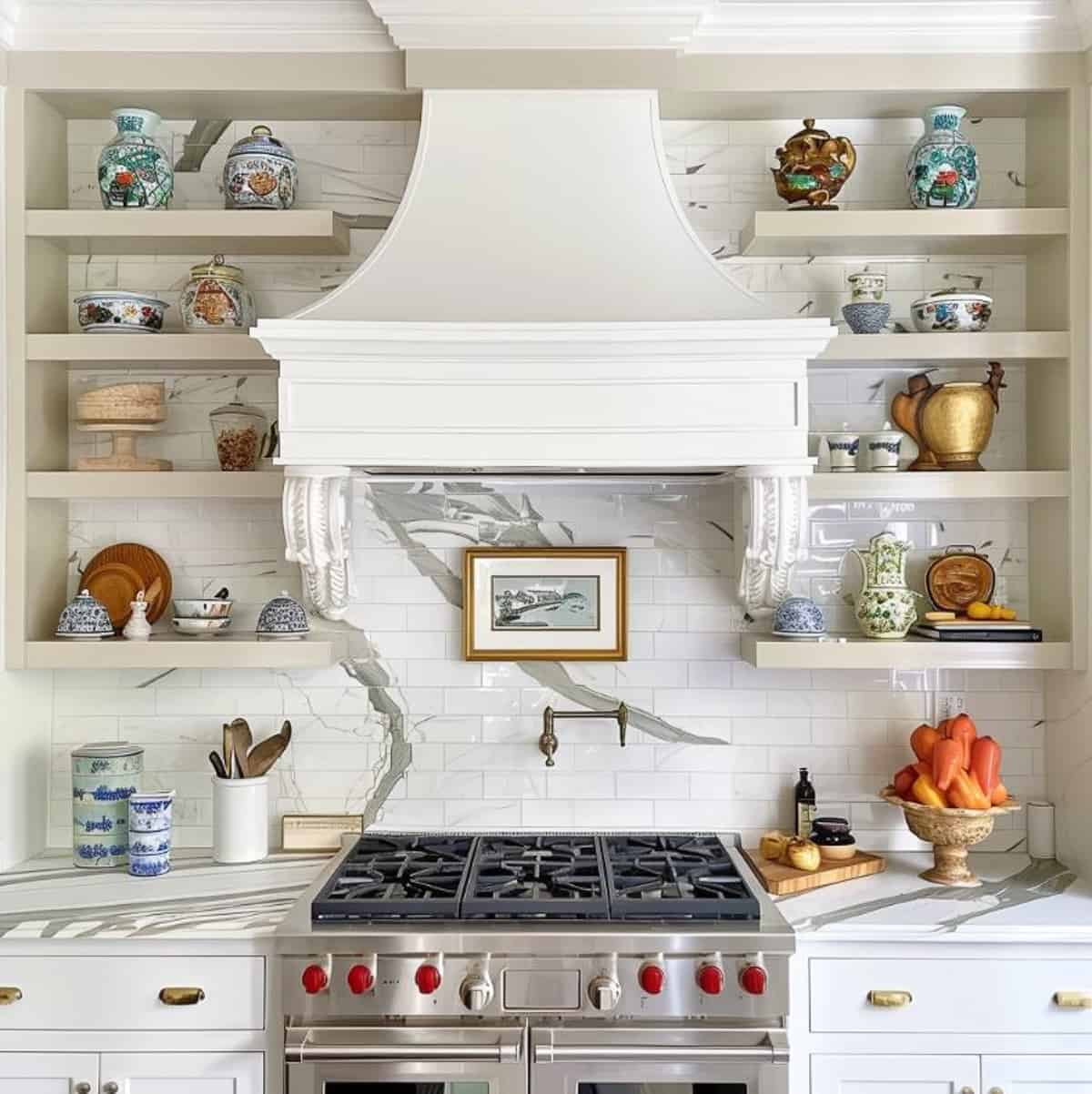 white open shelves on each side of a hood above the range decorated with kitchen type accessories