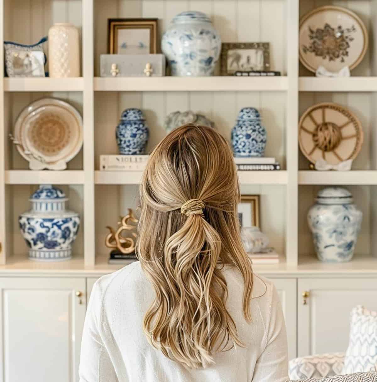 Woman standing in front of white built-in shelves looking at how they're decorated