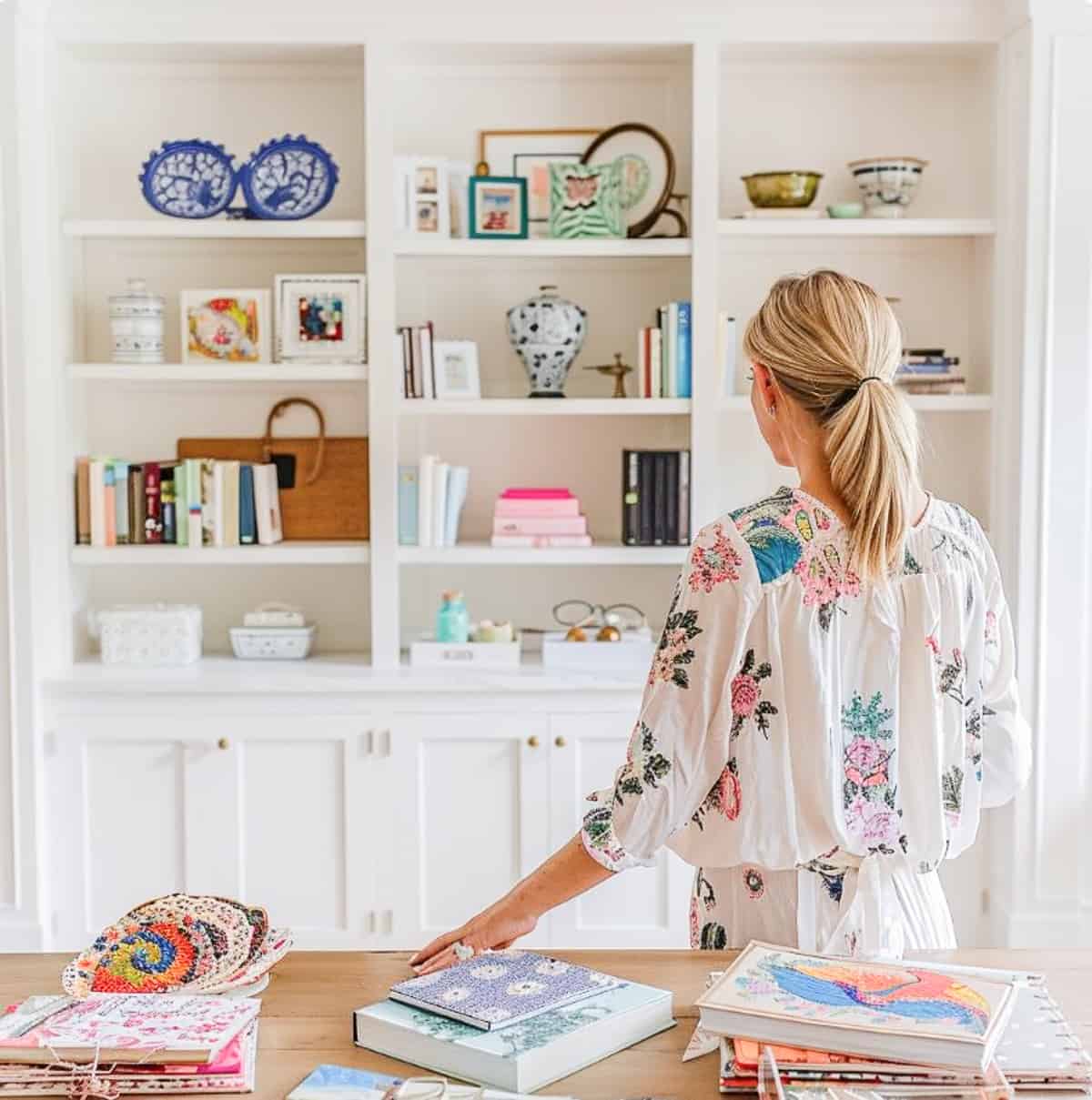 Woman standing in front of white built-in shelves looking at how they're decorated