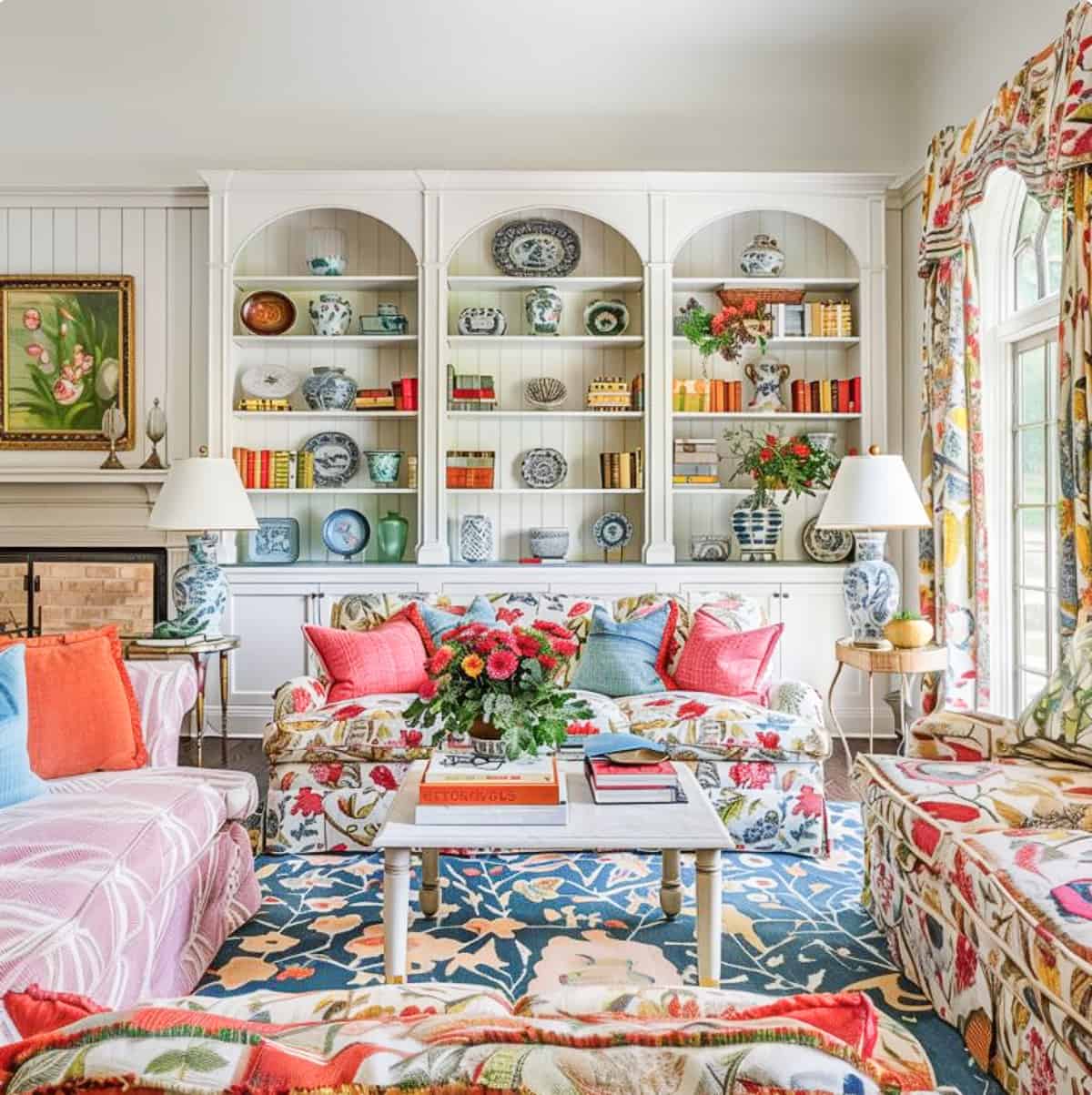 floral upholstered couch and a pair of lamps in front of built-in white shelves in a living room decorated with colorful, traditional living room type accessories