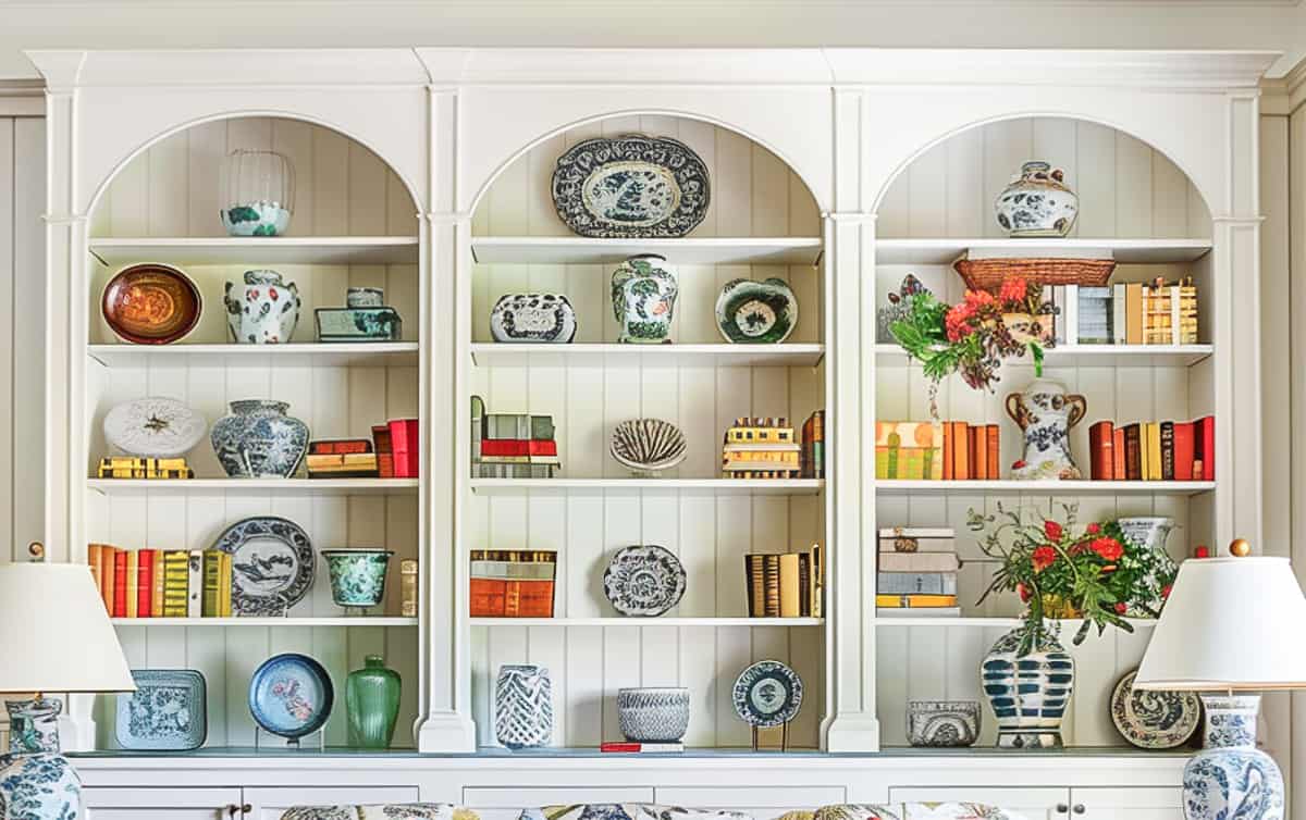 built-in white shelves in a living room decorated with colorful, traditional living room type accessories