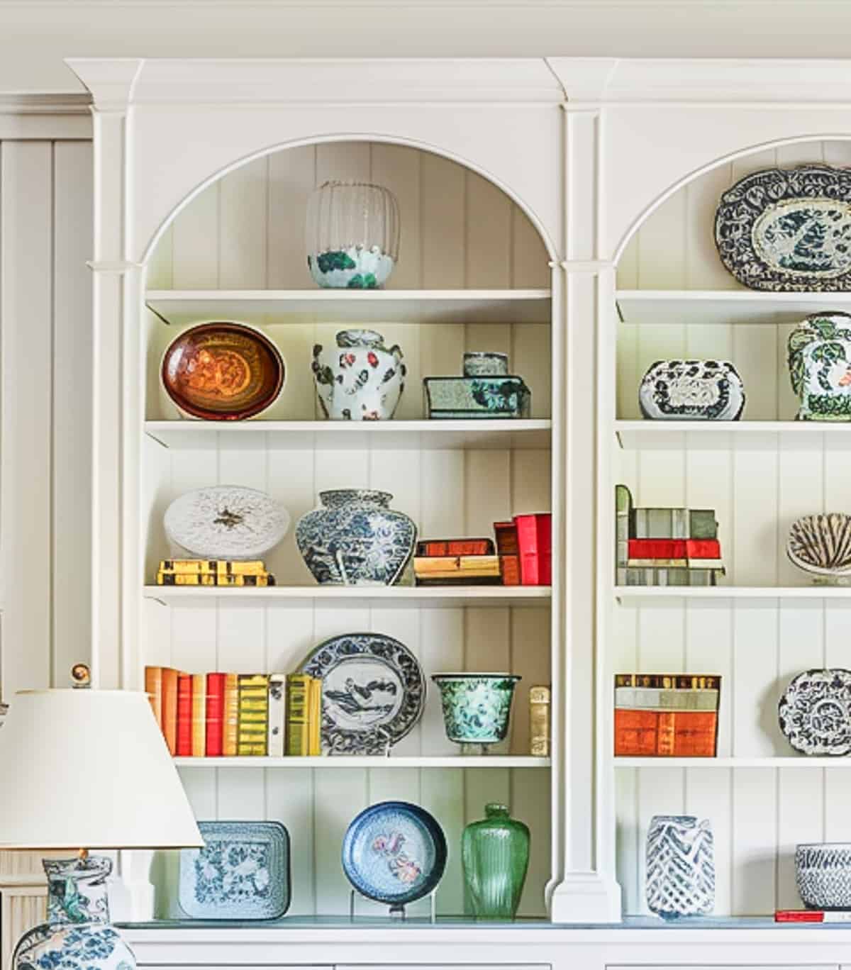 built-in white shelves in a living room decorated with colorful, traditional living room type accessories