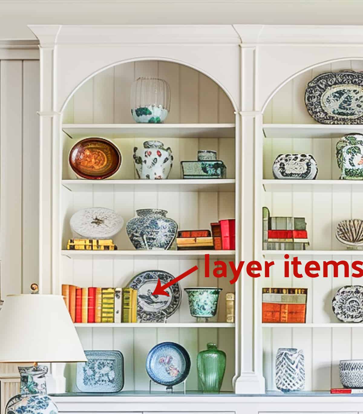 built-in white shelves in a living room decorated with colorful, traditional living room type accessories