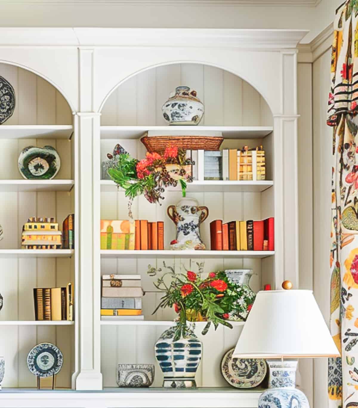 built-in white shelves in a living room decorated with colorful, traditional living room type accessories